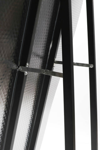 Close-up view of the back stand and support brackets of the Cascade Irregular Frameless Full-Length Mirror with shatter-resistant backing.