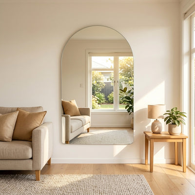 C&F Creation Cielle Arched Frameless Full Length Mirror 180x120cm frameless arched mirror in bright NZ living room
