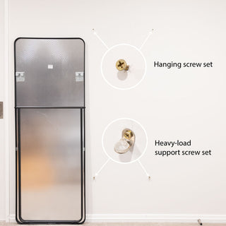 Instructional graphic showing the correct screw positions for mounting a full-length mirror. The top uses standard hanging screws, while the bottom features heavy-load support screws—crucial for safely bearing the mirror’s weight by having it sit directly on the bottom supports.