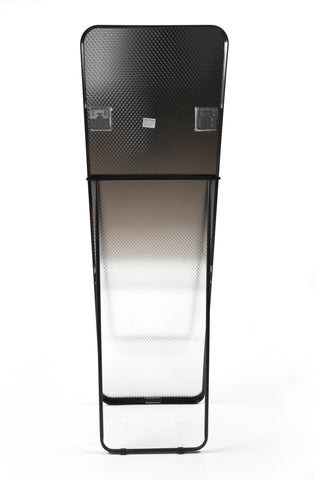 Full rear view of the Lithe Rounded Corner Full-Length Mirror, featuring a shatter-resistant backing and durable aluminium alloy frame. The mirror includes hooks for wall-mounting versatility.