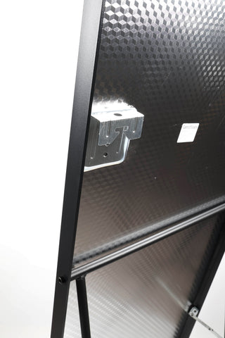 Close-up of the hook on the back of the Lithe Rounded Corner Full-Length Mirror, showing the secure wall-mounting option. The mirror features a durable aluminium alloy frame and shatter-resistant backing.