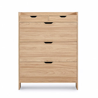 Front view of the Risa Shoe Cabinet in oak finish, featuring five tilt-out compartments and minimalist cut-out handles. Designed for upright shoe storage with a sleek, space-saving vertical build.