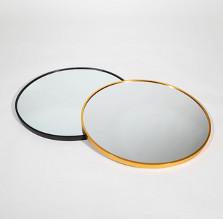 Valor Round Wall Mirrors featuring a sleek black aluminium frame and a luxurious gold frame, showcasing modern elegance and timeless design | C&F Creation