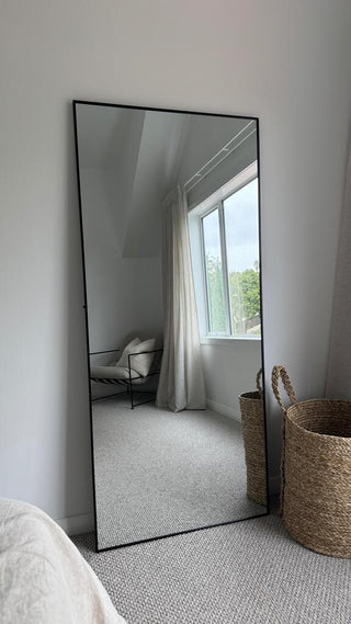 Zenith X full length mirror 180x80cm styled in a modern, minimalist bedroom with natural light and neutral tones. A premium floor mirror designed for elegance, clarity, and space enhancement.
