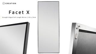 Facet X Straight-Edged Full-Length Mirror (170×70cm) featuring clean black aluminium alloy frame details, close-up of ultra-clear glass and sturdy hook system.