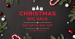 Christmas sale banner for C&F Creation featuring up to 60% off, promoting full length mirrors and floor lamps in New Zealand.