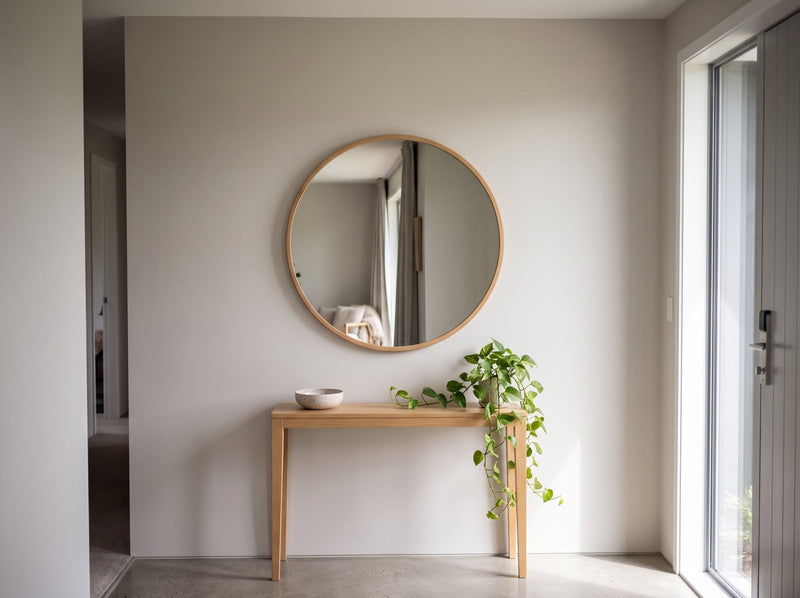 Aure 100cm round wall mirror with a natural wood-look frame hung centred above a slim oak console table in a New Zealand townhouse entry hallway with a polished concrete floor