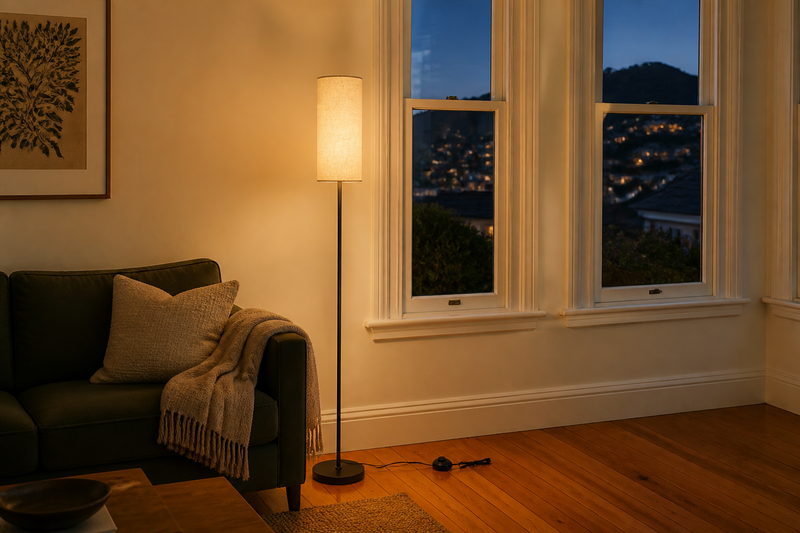 Floor lamps Wellington, Chandelle Linen Column floor lamp glowing warm beside a sofa in a Wellington villa living room with hillside house lights in the window