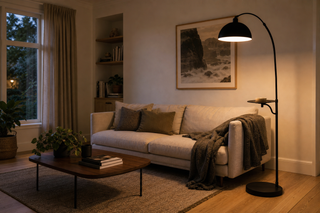 Floor lamps NZ — Nero Tray arc floor lamp reaching over a sofa in a New Zealand living room with timber floors and a 2.4m ceiling, warm evening light