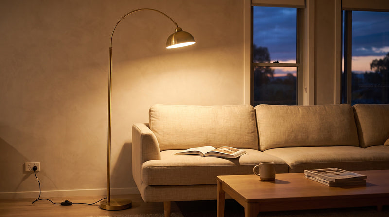 Arc floor lamps: light over the sofa, no ceiling required