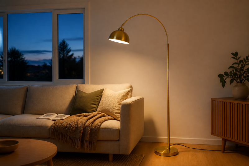 Floor lamp finishes NZ — Orsay gold arc floor lamp glowing over a sofa in a New Zealand lounge at dusk, warm brushed gold finish under a 2.4m ceiling