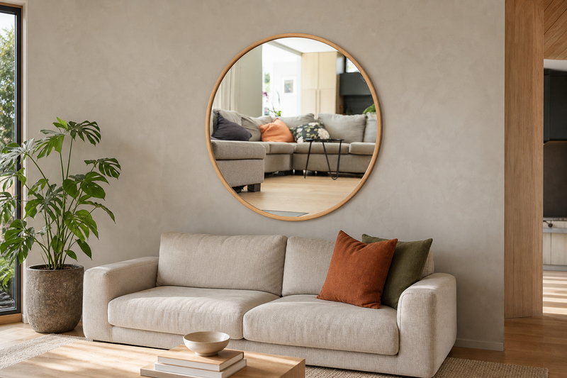 Decorative wall mirror NZ — Aure round oak-framed wall mirror above a linen sofa in a warm modern Kiwi lounge