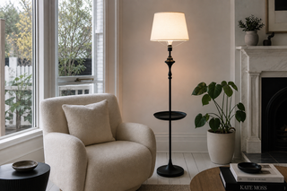 Floor lamps Christchurch — Slate Tray floor lamp with a mid-height tray beside a linen armchair in a Christchurch living room, cool South Island light