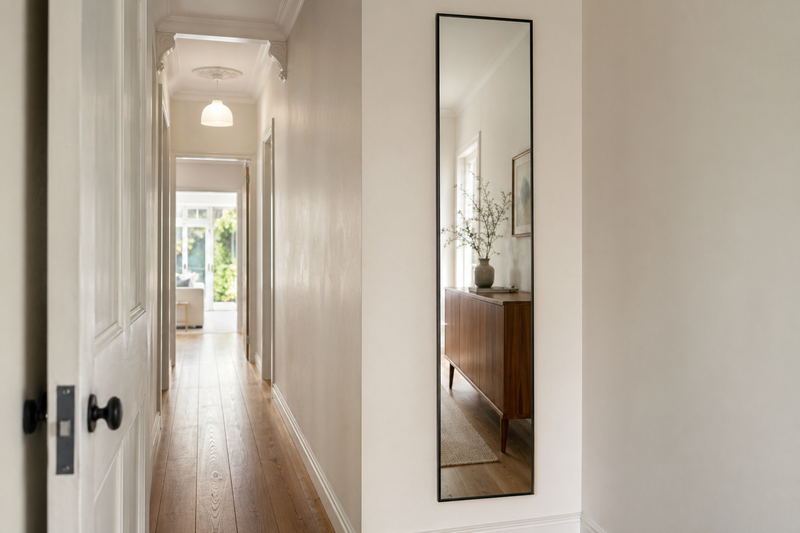 Hallway mirror NZ — 180cm tall narrow black framed wall mirror in a Kiwi villa corridor with oak floor and pale plaster walls
