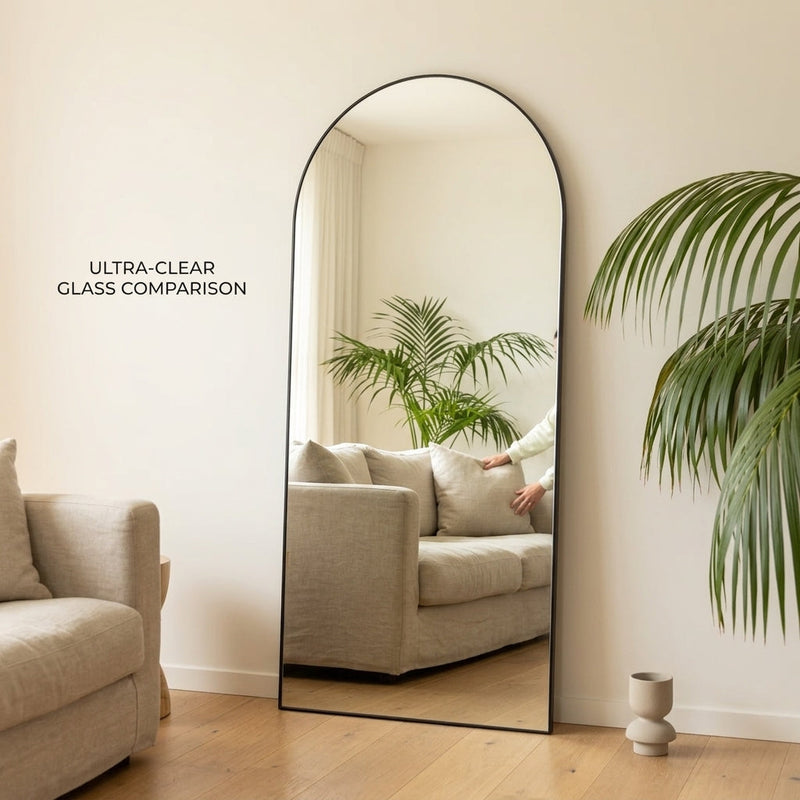 Low iron vs standard glass mirror NZ — Titan X arched full length mirror with a bright true colour reflection in a sunlit Kiwi living room