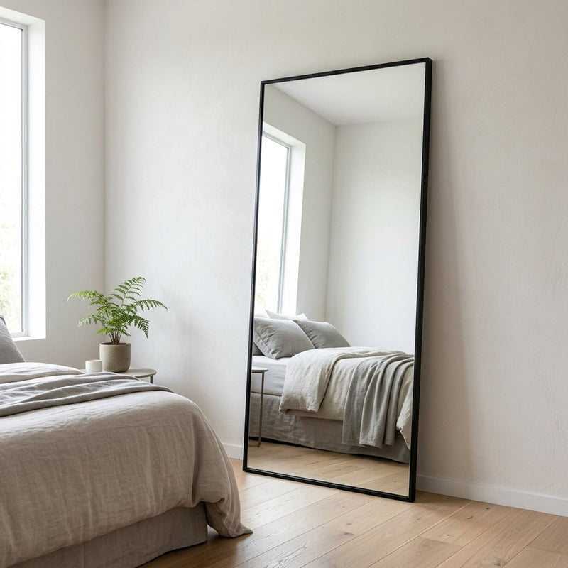 Mirror types NZ — slim matte black rectangular Zenith X full-length mirror leaning in a bright minimal New Zealand bedroom