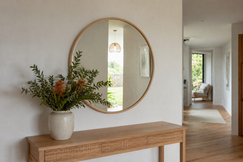 Round mirror NZ — 100cm natural wood frame round wall mirror above an oak console in a calm New Zealand entryway