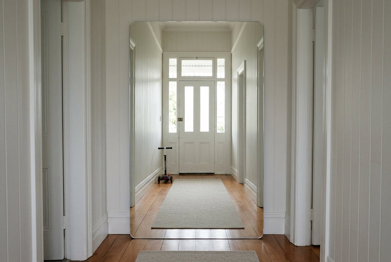 Monarch X frameless rectangular full length mirror 180 x 120cm with shatter resistant backing in an Auckland villa hallway