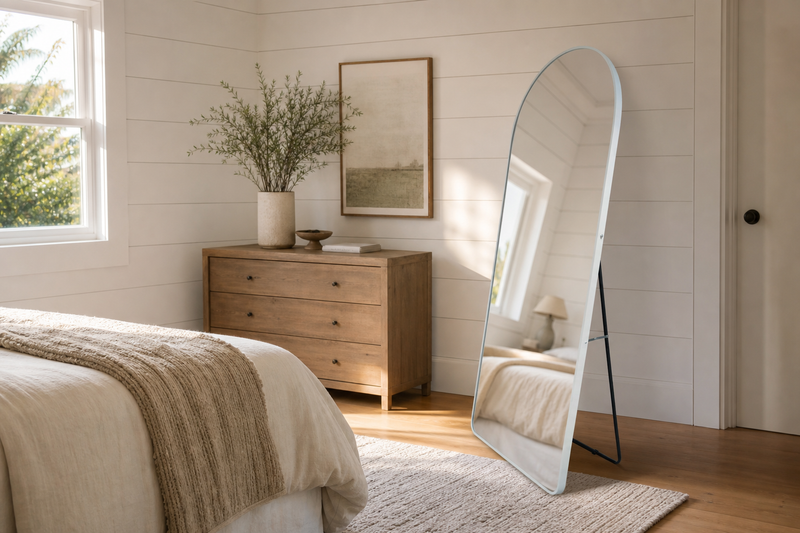 White full length mirror NZ, a white arch full length mirror standing in a bright New Zealand weatherboard bedroom