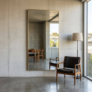 C&F Creation Aldren Aurelia Rectangular Full Length Mirror 200x100cm gold frame against industrial concrete wall vertical
