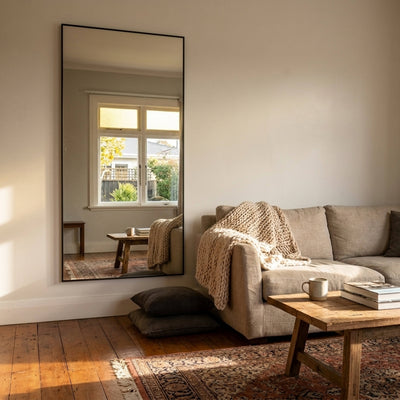 C&F Creation Aldren X Rectangular Full Length Mirror 200x100cm black aluminium frame in NZ living room vertical position