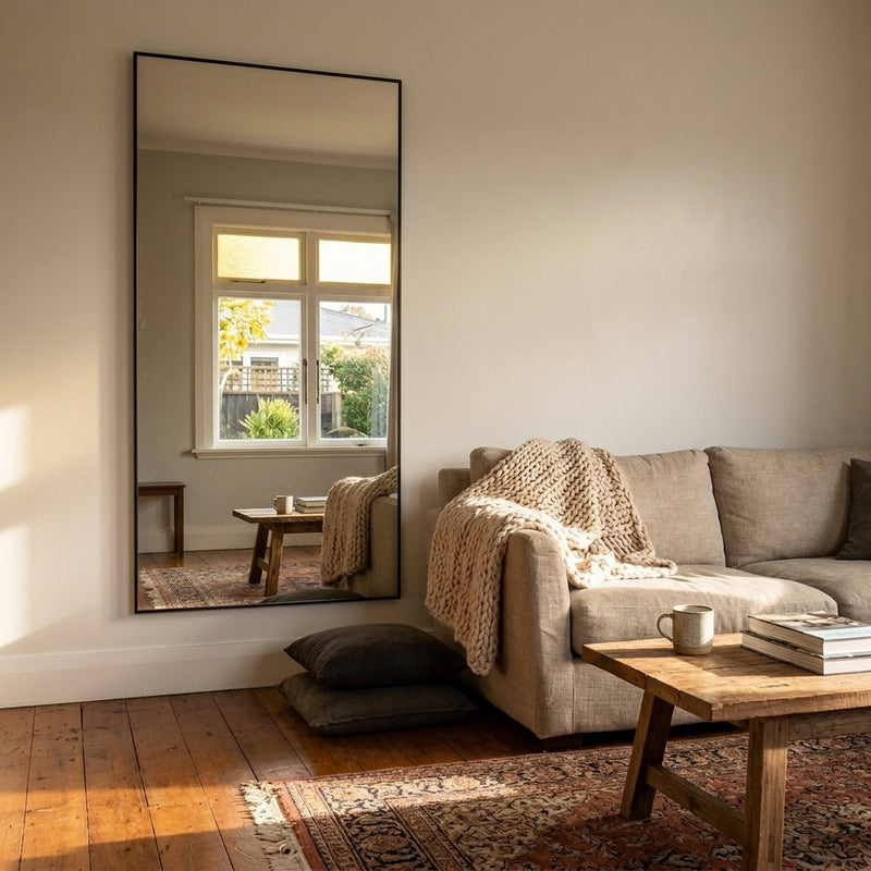 C&F Creation Aldren X Rectangular Full Length Mirror 200x100cm black aluminium frame in NZ living room vertical position