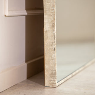 Close-up view of the Branewood full-length mirror’s light wood-textured PS frame, showcasing its handcrafted finish and 4mm clear glass edge. The refined texture adds a natural, rustic touch to this 180x80cm mirror designed for both wall-mounted and floor placement in modern New Zealand homes.
