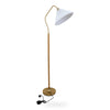 Aurelia Pleated Fabric Floor Lamp front full view on white background showing the pleated cone shade, curved brass arm, timber stem and round brass base