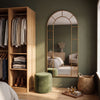Bastia Aurelia antique gold arched window full length mirror 200 x 100cm in a dressing room on an olive green wall