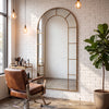 Bastia Aurelia antique gold arched window full length mirror 200 x 100cm in a hair salon against white painted brick