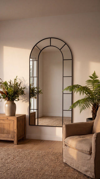 Bastia X black arched window full length mirror in a warm NZ living room, homepage hero mobile
