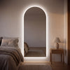 Clair Arched Backlit LED Full-Length Mirror | 180 x 80cm - 01 Bedroom Halo, lit on a bedroom wall
