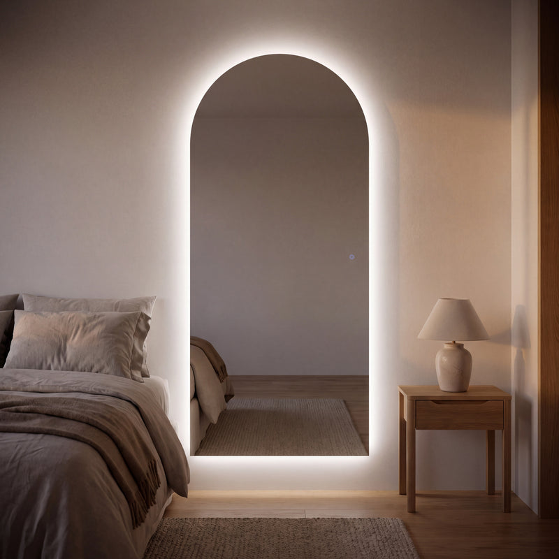 Clair Arched Backlit LED Full-Length Mirror | 180 x 80cm - 01 Bedroom Halo, lit on a bedroom wall