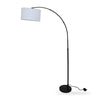 Flore Black Arc Floor Lamp full front view on white background showing the matte black arc, white linen drum shade and black marble base