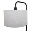 Marceau Linen Drum Floor Lamp close up of the beige linen drum shade and E27 socket beneath the arched black arm on white background