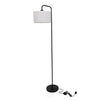 Marceau Linen Drum Floor Lamp full angled view on white background showing the arched arm, slim black pole and foot switch cord