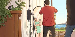Illustrated behind the scenes of a C&F Creation mirror photoshoot, cartoon style, desktop hero