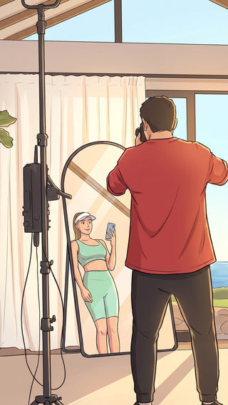 Illustrated behind the scenes of a C&F Creation mirror photoshoot, cartoon style, mobile hero