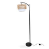Rousseau Rattan Weave Floor Lamp front full view on white background showing the arched matte black frame, two tier woven shade and round weighted base