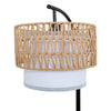Rousseau Rattan Weave Floor Lamp two tier drum shade suspended from the curved black arm on white background
