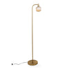 Solara Fluted Lantern Floor Lamp front full view on white background showing the brushed brass stem, round base and amber fluted glass shade