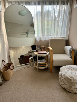Customer photo of the Titan Alba arched full length mirror styled in a New Zealand reading corner