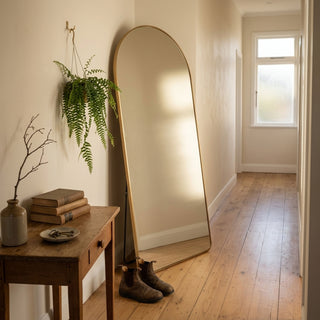 C&F Creation Titan Aurelia Arched Full Length Mirror 180x80cm leaning in NZ hallway with oak floor