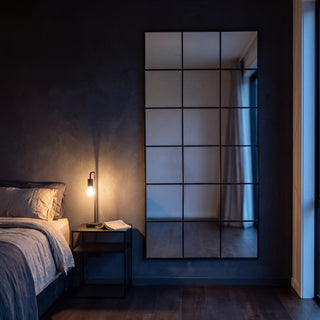 Tivoli X black rectangular window full length mirror 200 x 100cm on a charcoal bedroom wall at dusk