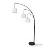 Trilogy 3-Light Floor Lamp full front view on white background showing three oatmeal linen drum shades on black arcs