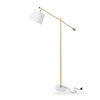Vienna Brass Marble Base Floor Lamp full front view on white background showing the brass arm, oatmeal linen shade and white marble base