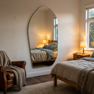 C&F Creation Cascade X Irregular Frameless Full Length Mirror 200x100cm in New Zealand bedroom setting with natural light