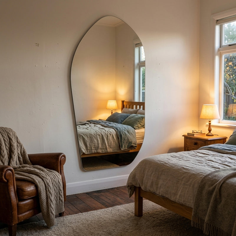 C&F Creation Cascade X Irregular Frameless Full Length Mirror 200x100cm in New Zealand bedroom setting with natural light