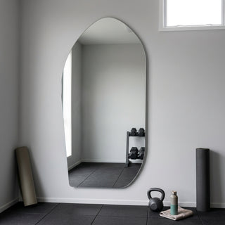 C&F Creation Cascade X Irregular Frameless Full Length Mirror 200x100cm in home gym setup showing full length reflection