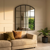 Le Vue Window Wall Mirror 120 x 100cm — black arched window pane mirror styled above a linen sofa